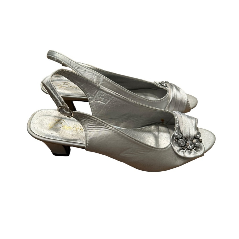 Beacon Womens Silver Satin Embellished Peep Toe Slingback Heels Size 85 - Picture 3 of 6